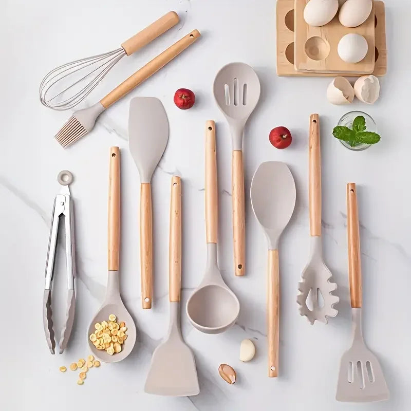 Silicone Wooden Handle Utensil Set