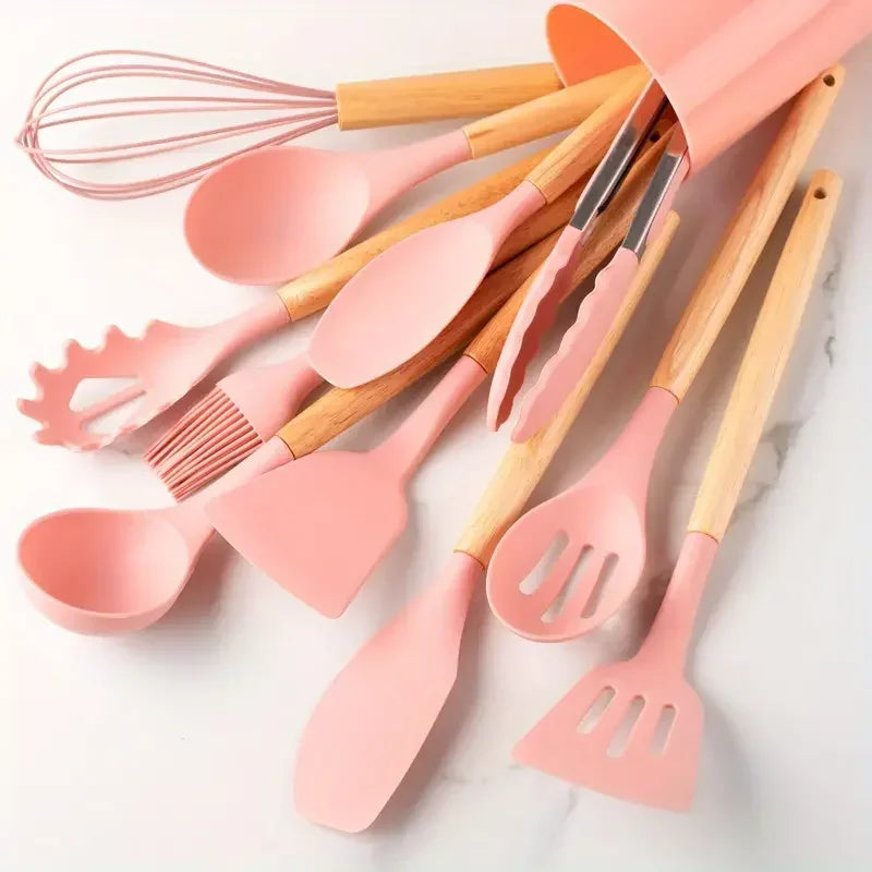 Silicone Wooden Handle Utensil Set