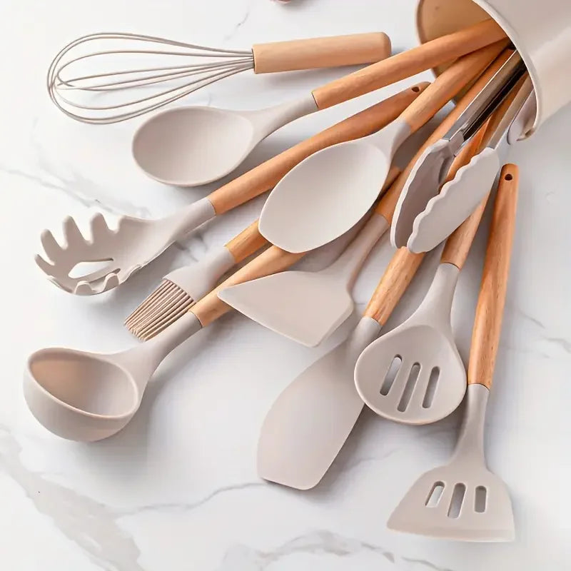 Silicone Wooden Handle Utensil Set