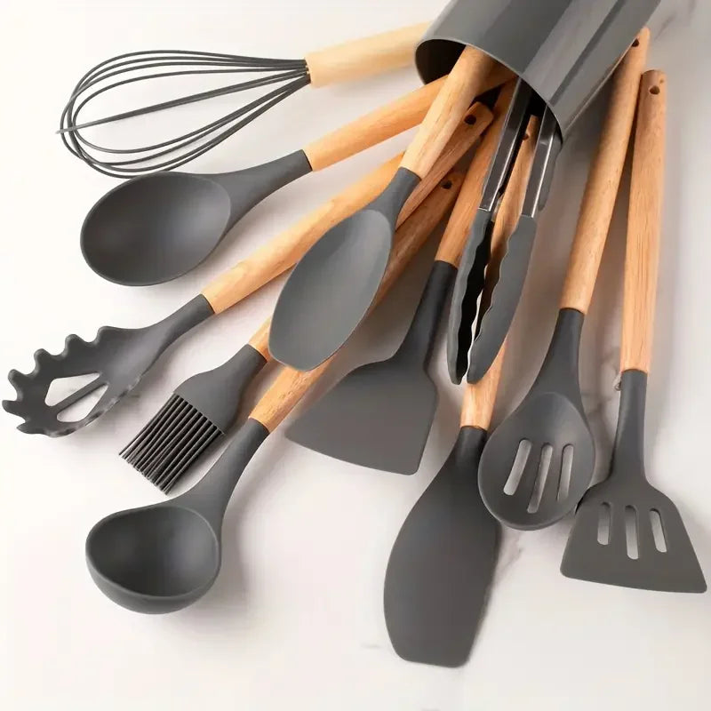 Silicone Wooden Handle Utensil Set
